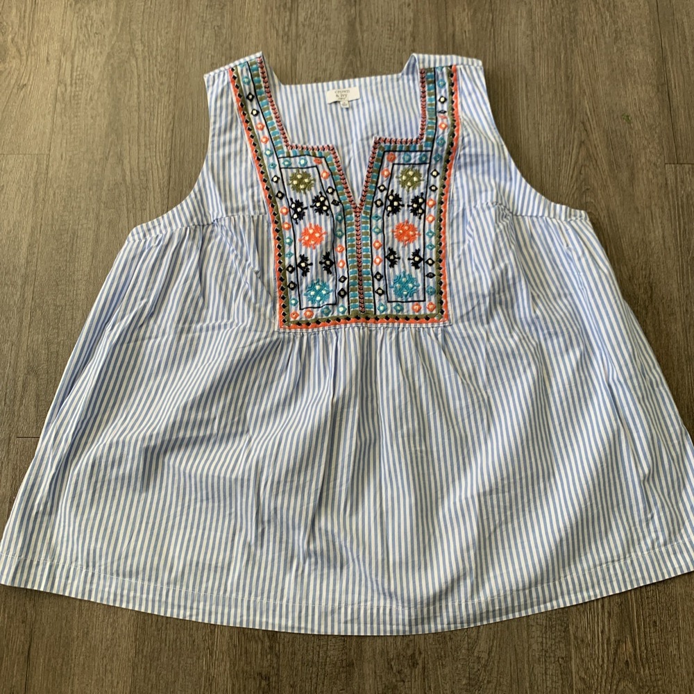 Crown & Ivy Womens 1X White Blue Striped Embroidered Boho Cotton Blouse Top